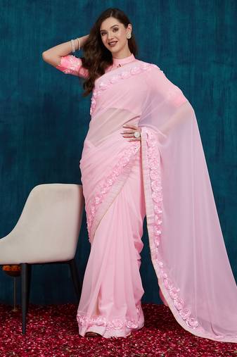 pink designer ribbon work georgette saree with blouse