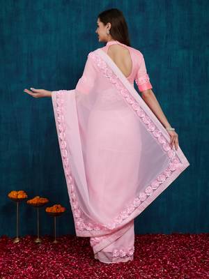pink designer ribbon work georgette saree with blouse 2