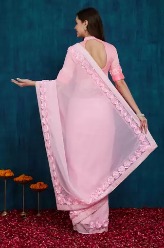 pink designer ribbon work georgette saree with blouse