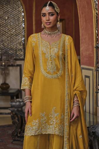 Gunja amber dark yellow embroidered chinon kurta sets