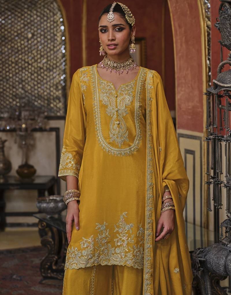 Gunja amber dark yellow embroidered chinon kurta sets