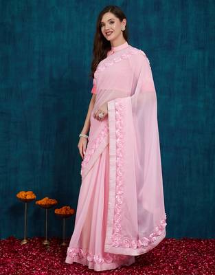 pink designer ribbon work georgette saree with blouse 3
