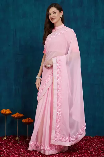 pink designer ribbon work georgette saree with blouse