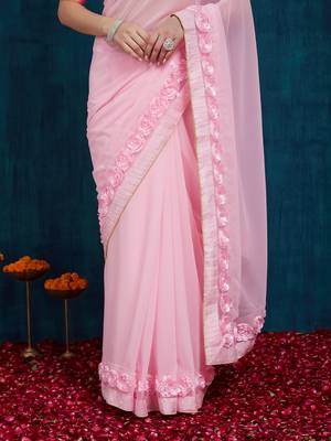 pink designer ribbon work georgette saree with blouse 4