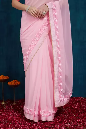 pink designer ribbon work georgette saree with blouse