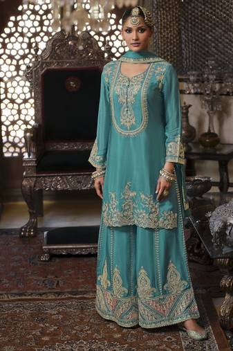Gunja peacock dark teal embroidered chinon kurta sets