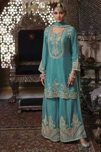 Gunja peacock dark teal embroidered chinon kurta sets