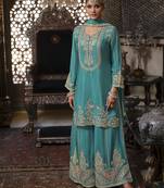 Gunja peacock dark teal embroidered chinon kurta sets