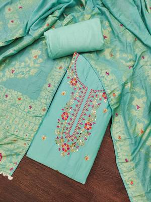 Women's turquoise jam cotton embroidered handwork unstitched dress material 1