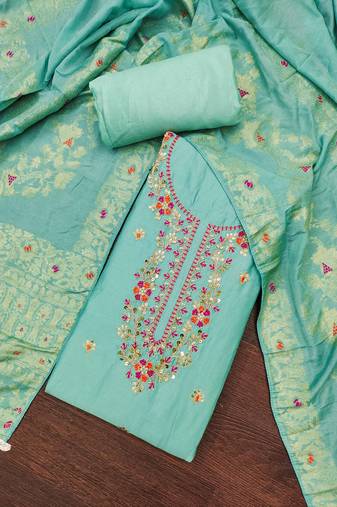 Women's turquoise jam cotton embroidered handwork unstitched dress material