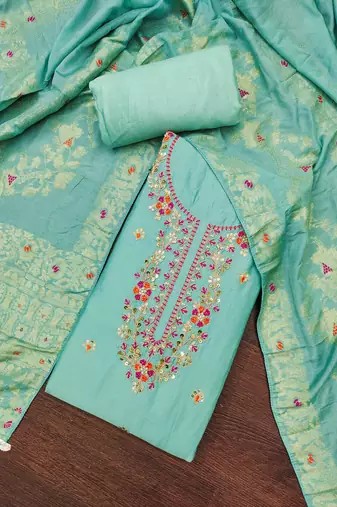 Women's turquoise jam cotton embroidered handwork unstitched dress material