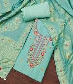 Women's turquoise jam cotton embroidered handwork unstitched dress material