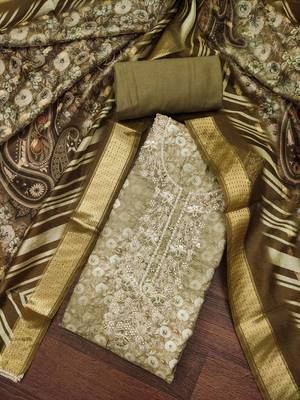 Women's olive banarasi cotton digital print & hand work unstitched dress material 1