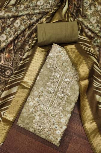 Women's olive banarasi cotton digital print & hand work unstitched dress material