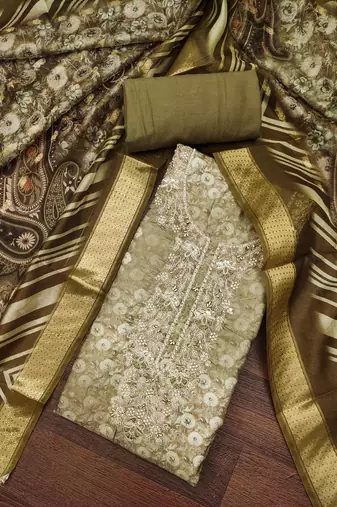 Women's olive banarasi cotton digital print & hand work unstitched dress material