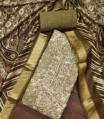 Women's olive banarasi cotton digital print & hand work unstitched dress material