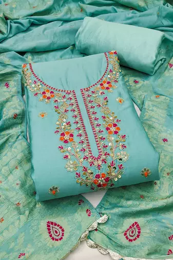 Women's turquoise jam cotton embroidered handwork unstitched dress material