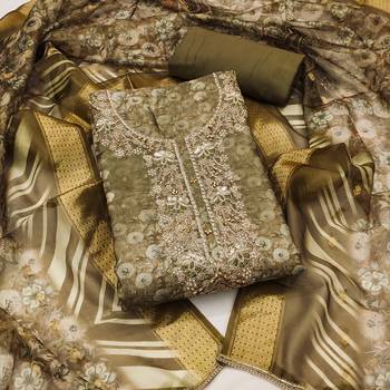Women's olive banarasi cotton digital print & hand work unstitched dress material 2
