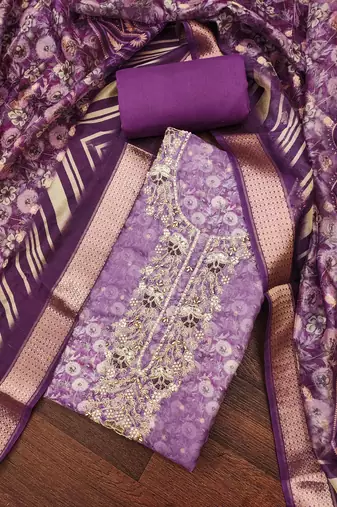 Women's purple banarasi cotton digital print & hand work unstitched dress material