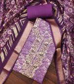 Women's purple banarasi cotton digital print & hand work unstitched dress material
