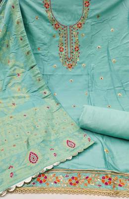 Women's turquoise jam cotton embroidered handwork unstitched dress material 3