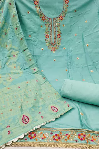 Women's turquoise jam cotton embroidered handwork unstitched dress material