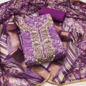 Women's purple banarasi cotton digital print & hand work unstitched dress material 2