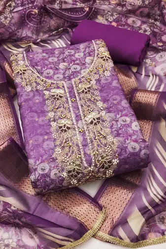 Women's purple banarasi cotton digital print & hand work unstitched dress material