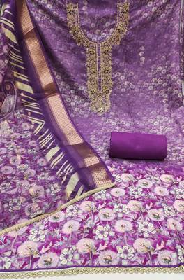 Women's purple banarasi cotton digital print & hand work unstitched dress material 3