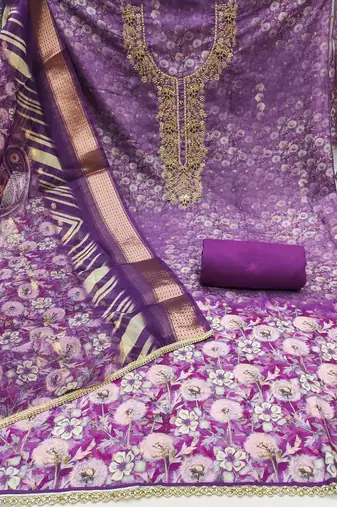 Women's purple banarasi cotton digital print & hand work unstitched dress material