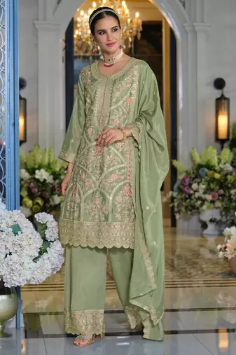 Farz pista green embroidered chinon kurta sets