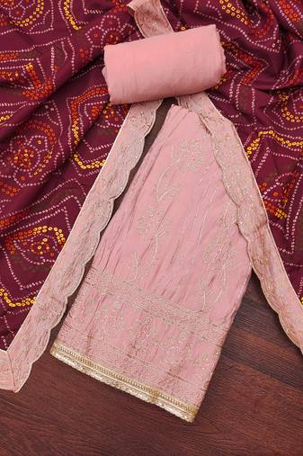 Women's peach premium roman cotton embroidered handwork unstitched dress material