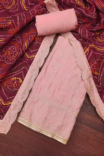 Women's peach premium roman cotton embroidered handwork unstitched dress material