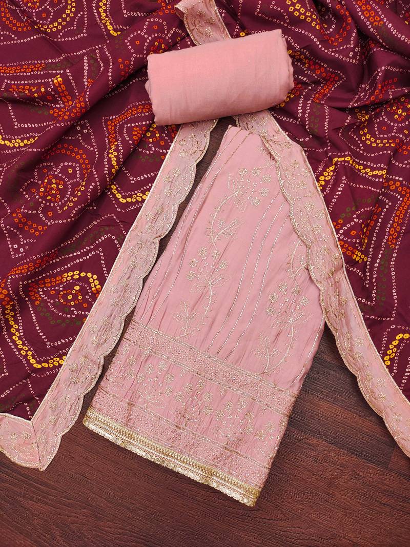 Women's peach premium roman cotton embroidered handwork unstitched dress material