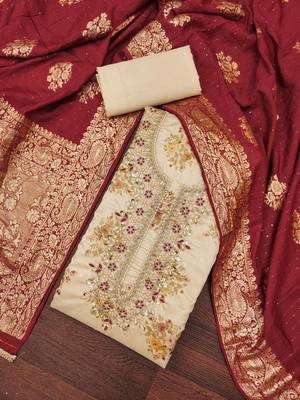Women's beige chanderi embroidered handwork unstitched dress material 1