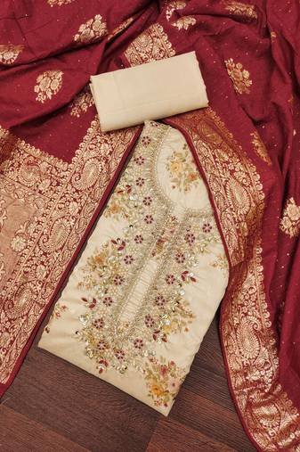 Women's beige chanderi embroidered handwork unstitched dress material