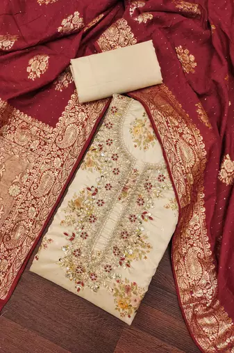 Women's beige chanderi embroidered handwork unstitched dress material