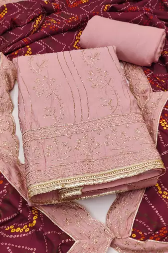 Women's peach premium roman cotton embroidered handwork unstitched dress material