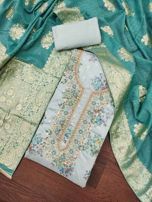 Women's sky blue chanderi embroidered handwork unstitched dress material 1