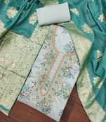 Women's sky blue chanderi embroidered handwork unstitched dress material