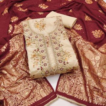 Women's beige chanderi embroidered handwork unstitched dress material 2