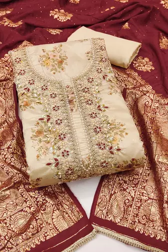Women's beige chanderi embroidered handwork unstitched dress material