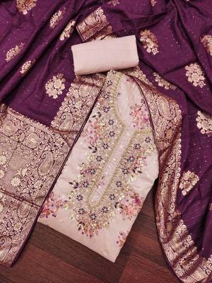 Women's lilac chanderi embroidered handwork unstitched dress material 1