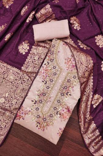 Women's lilac chanderi embroidered handwork unstitched dress material