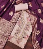 Women's lilac chanderi embroidered handwork unstitched dress material