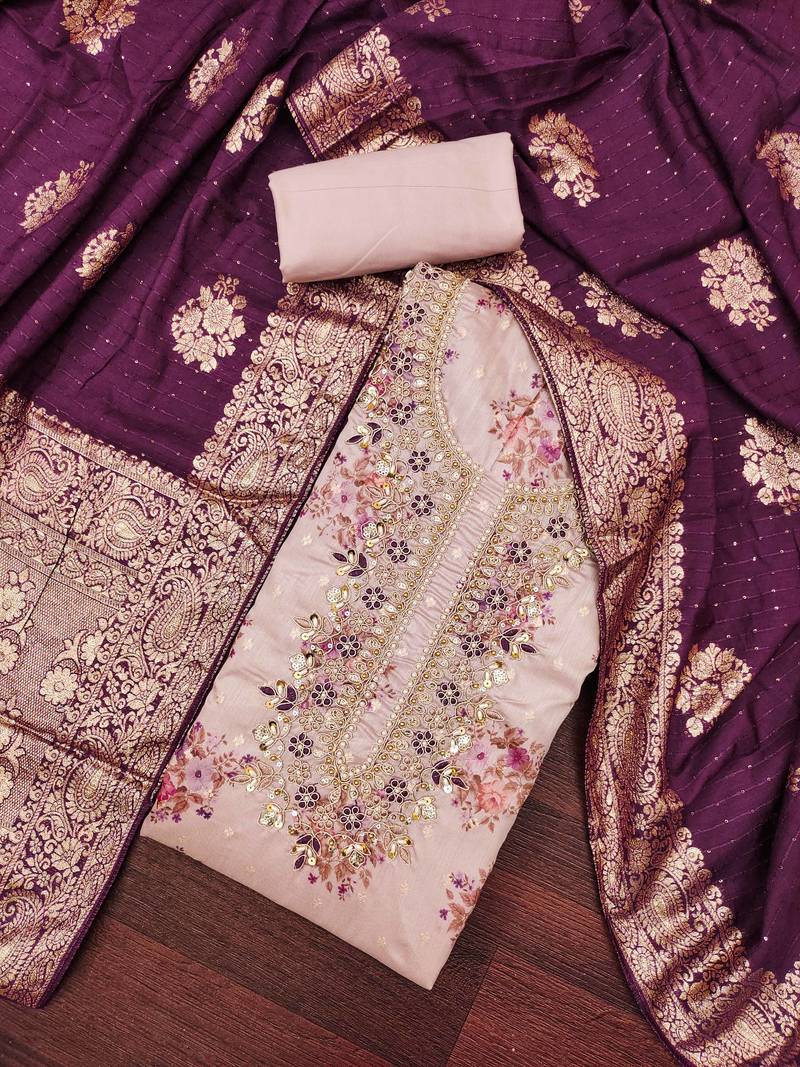 Women's lilac chanderi embroidered handwork unstitched dress material