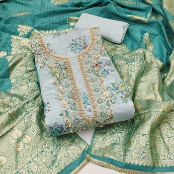 Women's sky blue chanderi embroidered handwork unstitched dress material 2