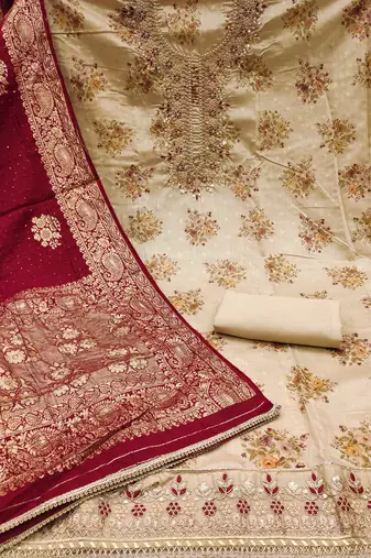 Women's beige chanderi embroidered handwork unstitched dress material
