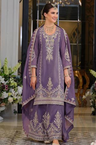 Tansu orchid light purple embroidered chinon kurta sets