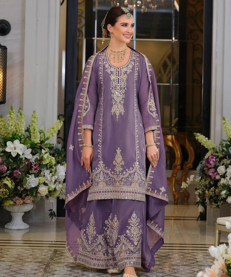 Tansu orchid light purple embroidered chinon kurta sets